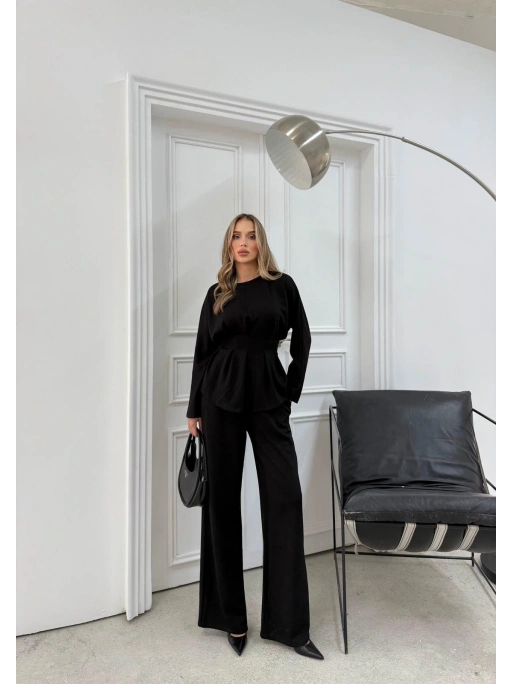 SIRT BAĞLAMA DETAY BLUZ VE PANTOLONLU MODAL İKİLİ TAKIM SİYAH
