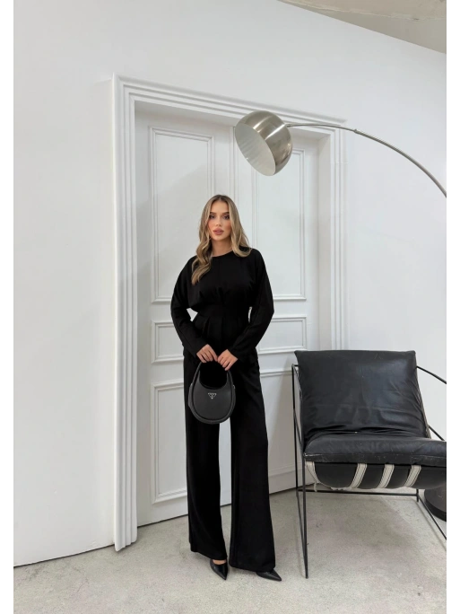 SIRT BAĞLAMA DETAY BLUZ VE PANTOLONLU MODAL İKİLİ TAKIM SİYAH