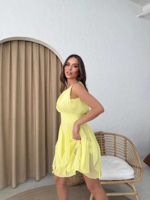 SIRT BAGLAMA DETAY TÜL ASTARLI ELBİSE SARI