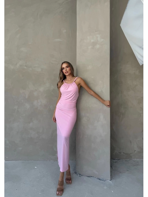 SIRT DEKOLTE ASKI BURGULU UZUN SANDY ELBİSE PEMBE