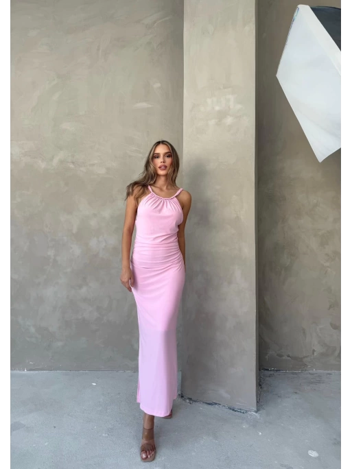 SIRT DEKOLTE ASKI BURGULU UZUN SANDY ELBİSE PEMBE