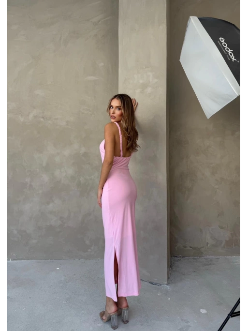 SIRT DEKOLTE ASKI BURGULU UZUN SANDY ELBİSE PEMBE