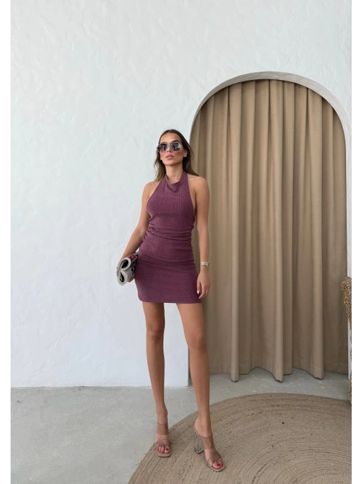 SIRT DEKOLTE DETAY HALTER YAKA ELBİSE BORDO