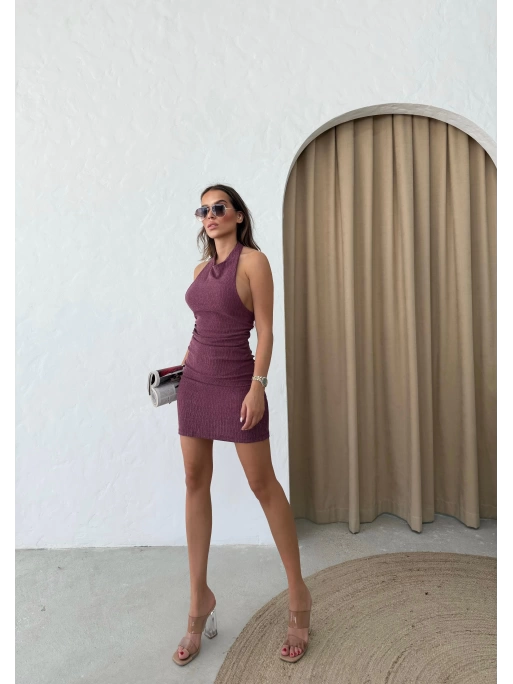 SIRT DEKOLTE DETAY HALTER YAKA ELBİSE BORDO