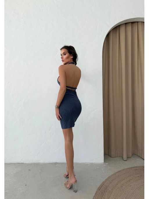 SIRT DEKOLTE DETAY HALTER YAKA ELBİSE LACİVERT
