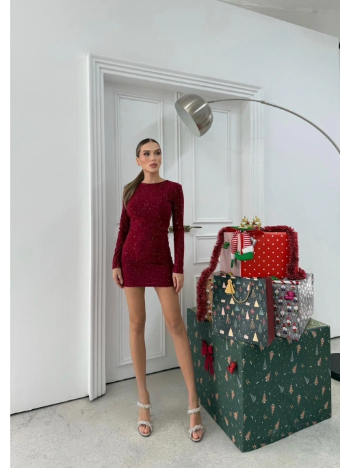 SIRT DEKOLTE DETAY SİMLİ ELBİSE BORDO