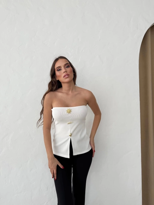 STRAPLEZ AKSESUAR DETAY YIRTMAÇLI OTTOMAN BLUZ BEYAZ