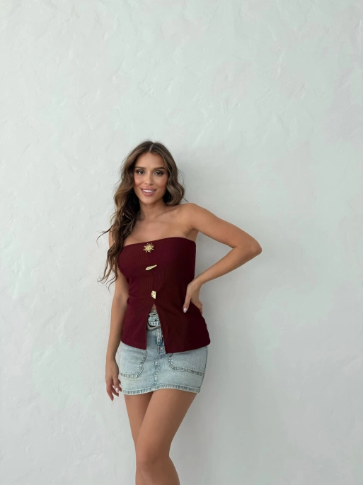 STRAPLEZ AKSESUAR DETAY YIRTMAÇLI OTTOMAN BLUZ BORDO