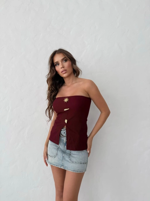 STRAPLEZ AKSESUAR DETAY YIRTMAÇLI OTTOMAN BLUZ BORDO