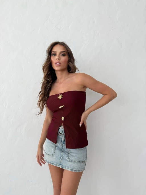 STRAPLEZ AKSESUAR DETAY YIRTMAÇLI OTTOMAN BLUZ BORDO