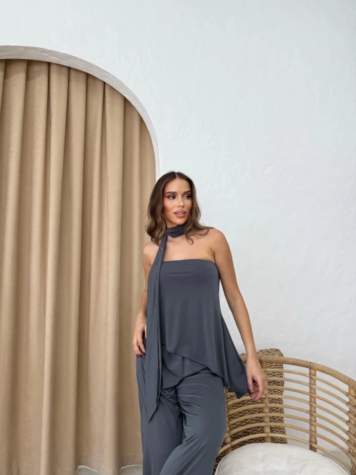 STRAPLEZ ASİMETRİK BLUZ VE PANTOLON FULARLI SANDY İKİLİ TAKIM ANTRASİT