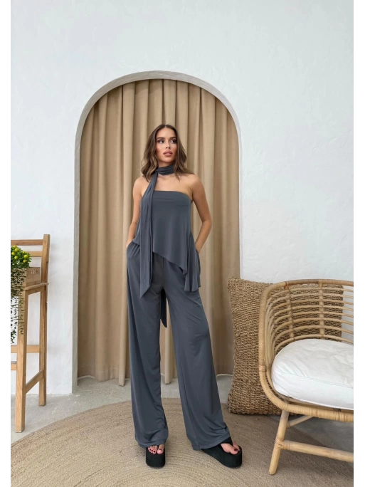 STRAPLEZ ASİMETRİK BLUZ VE PANTOLON FULARLI SANDY İKİLİ TAKIM ANTRASİT
