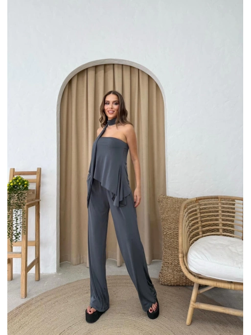 STRAPLEZ ASİMETRİK BLUZ VE PANTOLON FULARLI SANDY İKİLİ TAKIM ANTRASİT