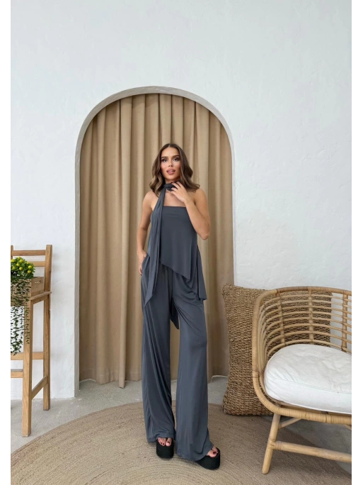 STRAPLEZ ASİMETRİK BLUZ VE PANTOLON FULARLI SANDY İKİLİ TAKIM ANTRASİT