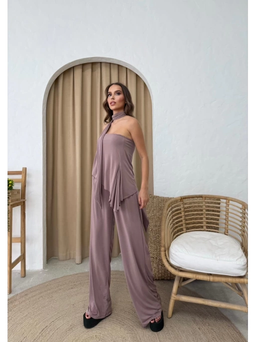 STRAPLEZ ASİMETRİK BLUZ VE PANTOLON FULARLI SANDY İKİLİ TAKIM GÜL KURUSU