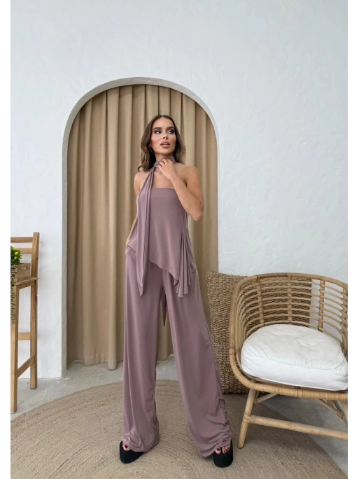 STRAPLEZ ASİMETRİK BLUZ VE PANTOLON FULARLI SANDY İKİLİ TAKIM GÜL KURUSU