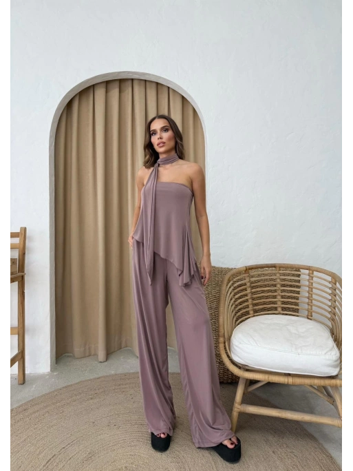 STRAPLEZ ASİMETRİK BLUZ VE PANTOLON FULARLI SANDY İKİLİ TAKIM GÜL KURUSU