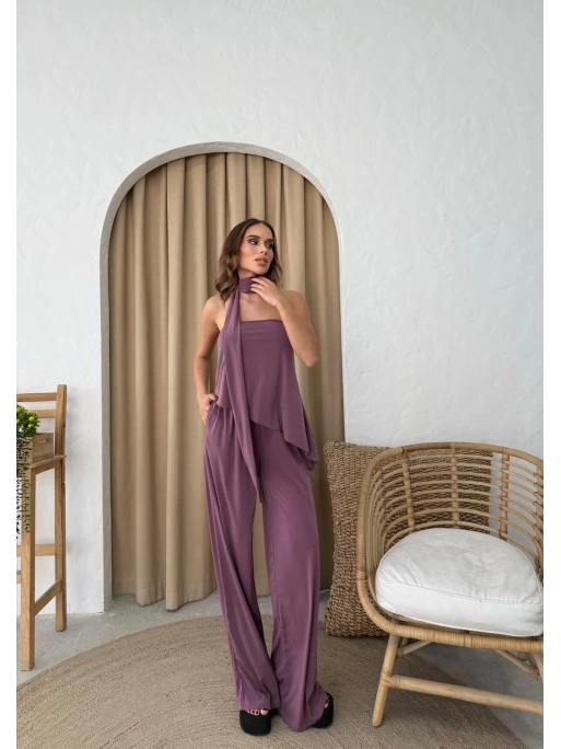 STRAPLEZ ASİMETRİK BLUZ VE PANTOLON FULARLI SANDY İKİLİ TAKIM KOYU