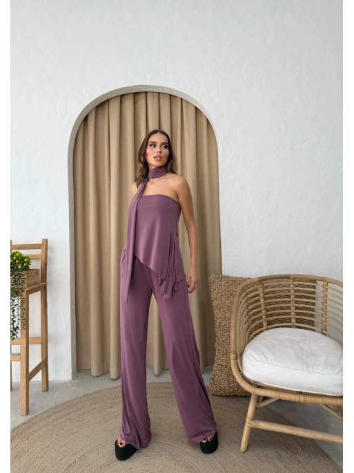 STRAPLEZ ASİMETRİK BLUZ VE PANTOLON FULARLI SANDY İKİLİ TAKIM KOYU