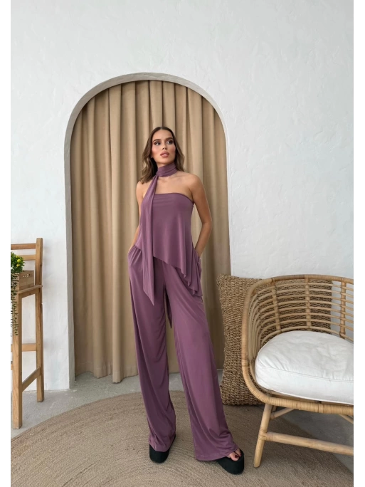 STRAPLEZ ASİMETRİK BLUZ VE PANTOLON FULARLI SANDY İKİLİ TAKIM KOYU