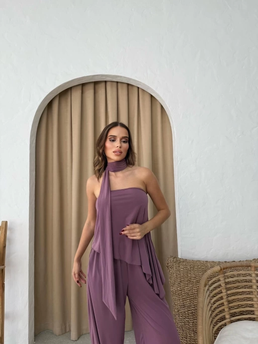 STRAPLEZ ASİMETRİK BLUZ VE PANTOLON FULARLI SANDY İKİLİ TAKIM KOYU
