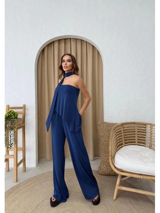 STRAPLEZ ASİMETRİK BLUZ VE PANTOLON FULARLI SANDY İKİLİ TAKIM LACİVERT