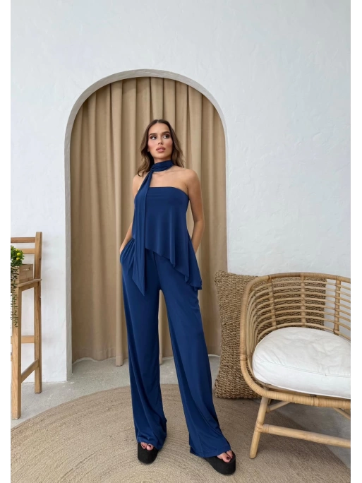 STRAPLEZ ASİMETRİK BLUZ VE PANTOLON FULARLI SANDY İKİLİ TAKIM LACİVERT