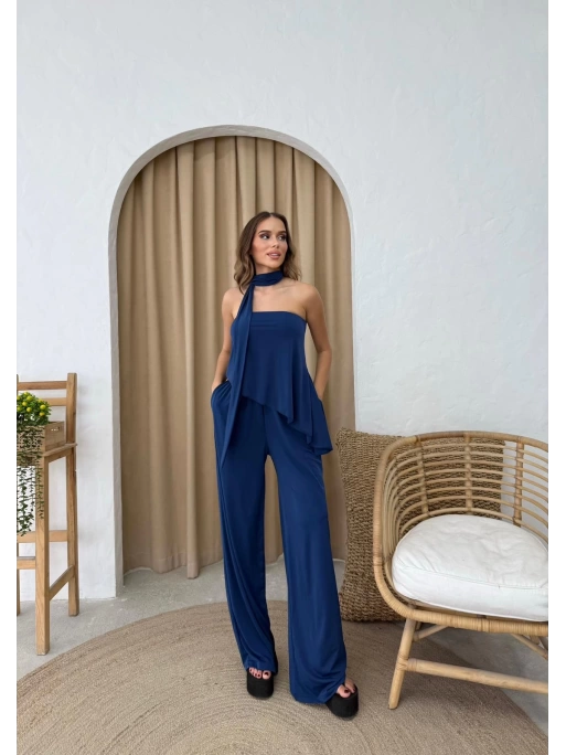 STRAPLEZ ASİMETRİK BLUZ VE PANTOLON FULARLI SANDY İKİLİ TAKIM LACİVERT