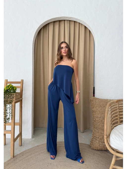 STRAPLEZ ASİMETRİK BLUZ VE PANTOLONLU SANDY İKİLİ TAKIM LACİVERT