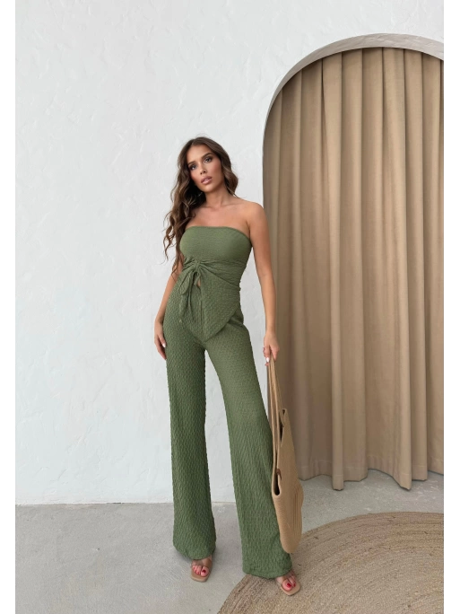 STRAPLEZ BÜZGÜLÜ BLUZ VE PANTOLONLU GOFRE İKİLİ TAKIM HAKİ