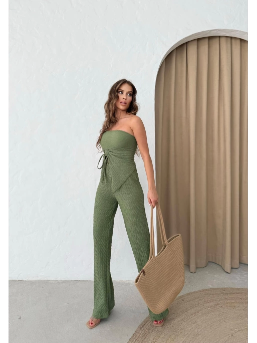 STRAPLEZ BÜZGÜLÜ BLUZ VE PANTOLONLU GOFRE İKİLİ TAKIM HAKİ