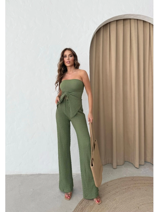 STRAPLEZ BÜZGÜLÜ BLUZ VE PANTOLONLU GOFRE İKİLİ TAKIM HAKİ