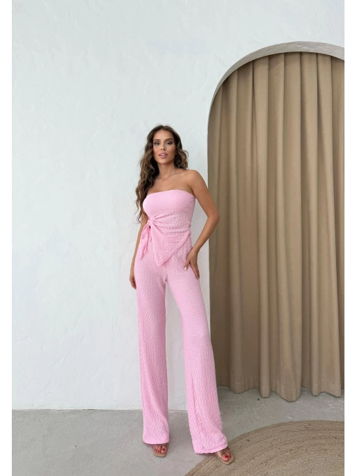 STRAPLEZ BÜZGÜLÜ BLUZ VE PANTOLONLU GOFRE İKİLİ TAKIM PEMBE