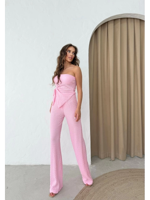 STRAPLEZ BÜZGÜLÜ BLUZ VE PANTOLONLU GOFRE İKİLİ TAKIM PEMBE