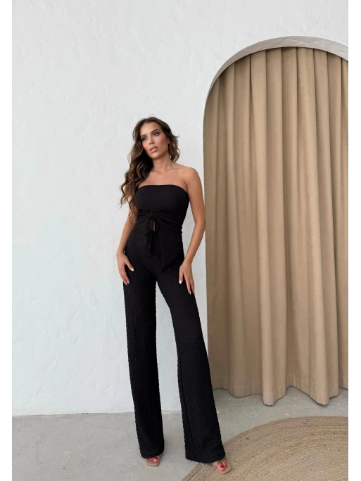 STRAPLEZ BÜZGÜLÜ BLUZ VE PANTOLONLU GOFRE İKİLİ TAKIM SİYAH