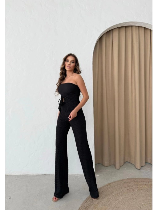 STRAPLEZ BÜZGÜLÜ BLUZ VE PANTOLONLU GOFRE İKİLİ TAKIM SİYAH