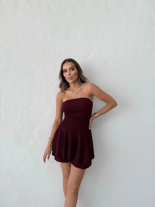 STRAPLEZ ŞORTLU SİMLİ ELBİSE BORDO