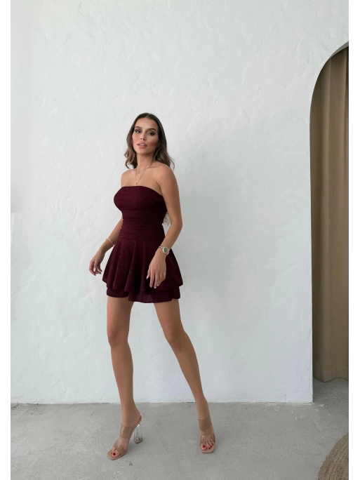 STRAPLEZ ŞORTLU SİMLİ ELBİSE BORDO