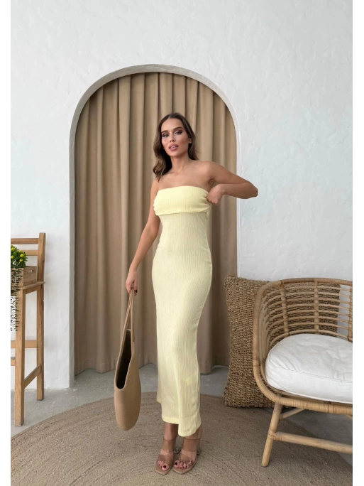 STRAPLEZ YIRTMAÇLI GOFRE KALEM ELBİSE SARI
