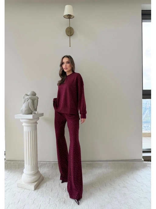 TAŞLI OVERSİZE SWEAT VE PANTOLONLU MODAL İKİLİ TAKIM BORDO