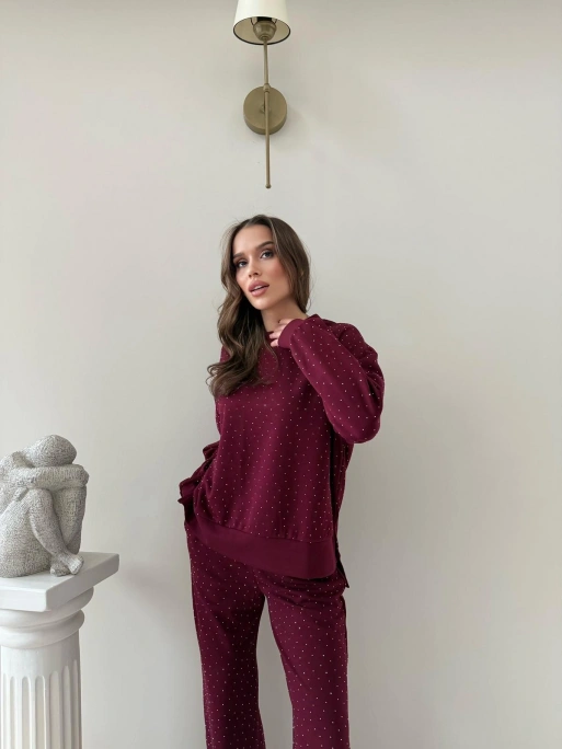 TAŞLI OVERSİZE SWEAT VE PANTOLONLU MODAL İKİLİ TAKIM BORDO