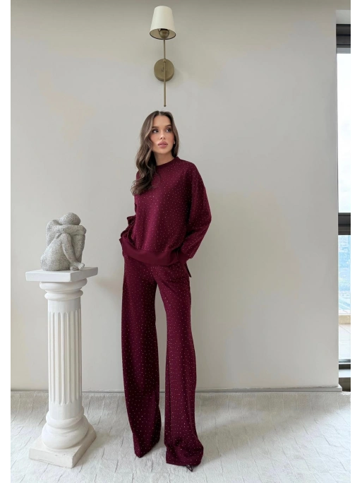 TAŞLI OVERSİZE SWEAT VE PANTOLONLU MODAL İKİLİ TAKIM BORDO