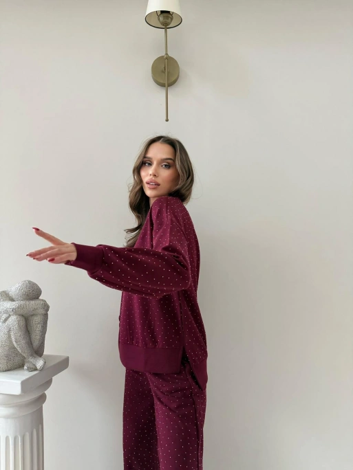 TAŞLI OVERSİZE SWEAT VE PANTOLONLU MODAL İKİLİ TAKIM BORDO