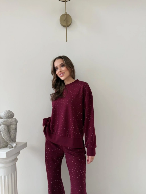 TAŞLI OVERSİZE SWEAT VE PANTOLONLU MODAL İKİLİ TAKIM BORDO