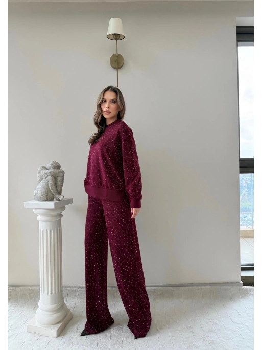 TAŞLI OVERSİZE SWEAT VE PANTOLONLU MODAL İKİLİ TAKIM BORDO
