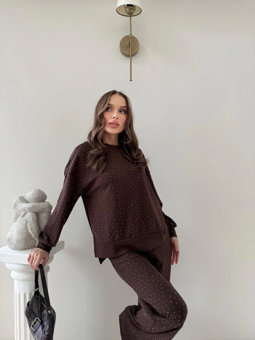 TAŞLI OVERSİZE SWEAT VE PANTOLONLU MODAL İKİLİ TAKIM KAHVE