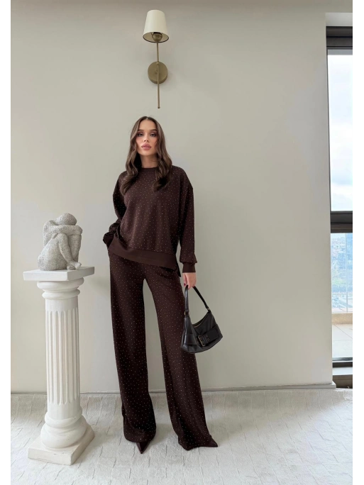 TAŞLI OVERSİZE SWEAT VE PANTOLONLU MODAL İKİLİ TAKIM KAHVE