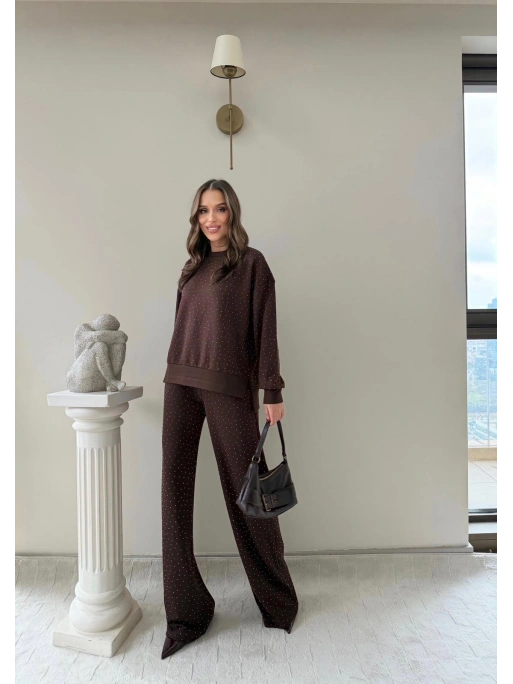 TAŞLI OVERSİZE SWEAT VE PANTOLONLU MODAL İKİLİ TAKIM KAHVE