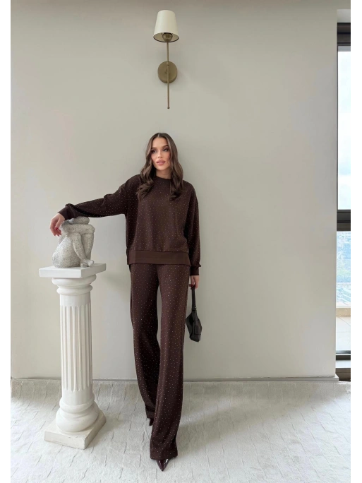 TAŞLI OVERSİZE SWEAT VE PANTOLONLU MODAL İKİLİ TAKIM KAHVE