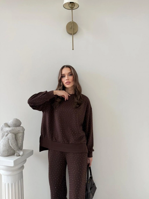 TAŞLI OVERSİZE SWEAT VE PANTOLONLU MODAL İKİLİ TAKIM KAHVE